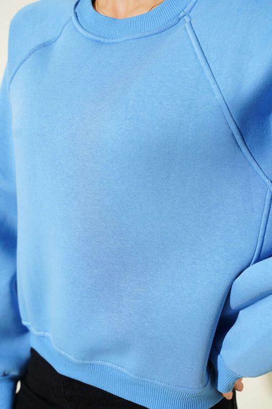 Fleece-Lined Basic Short Sweatshirt In Blue