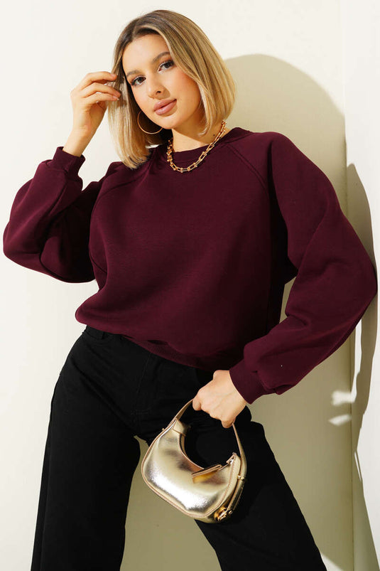 Şardonlu Basic Kısa Sweatshirt Mürdüm