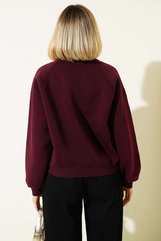 Şardonlu Basic Kısa Sweatshirt Mürdüm