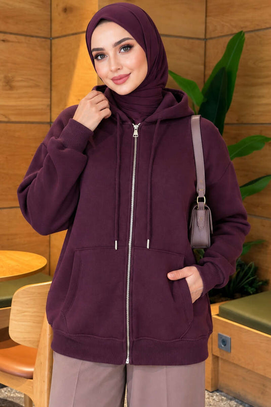 Samtbesetzter Reißverschluss-Cardigan In Mauve