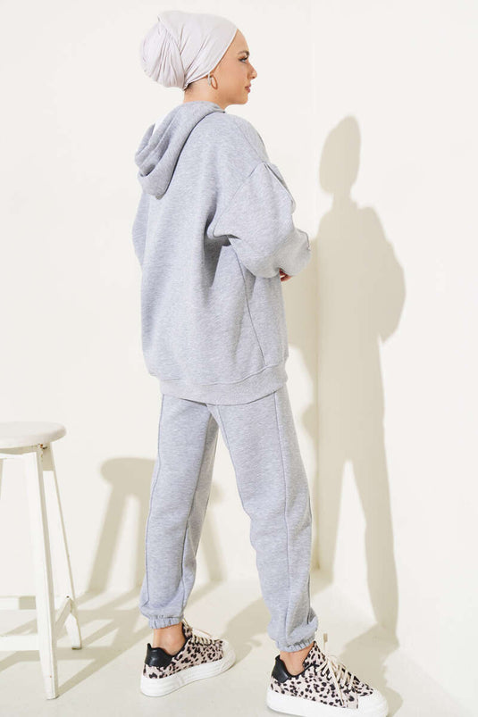 Hooded Model Two-Piece Set with Sherpa Gray