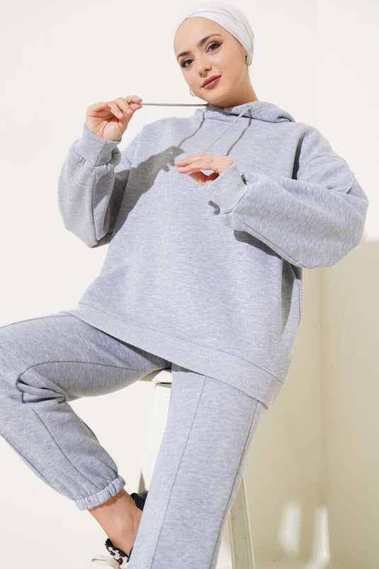 Hooded Model Two-Piece Set with Sherpa Gray