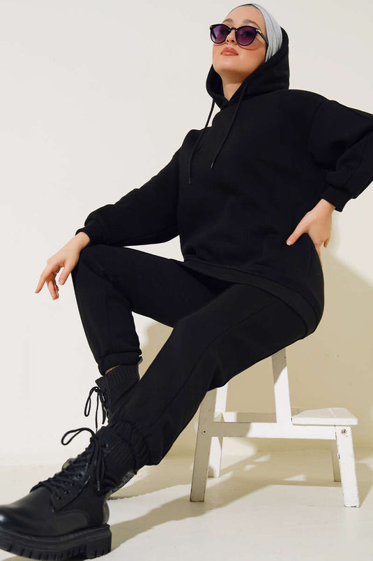 Şardonlu Kapüşonlu Model İkili Takım Siyah