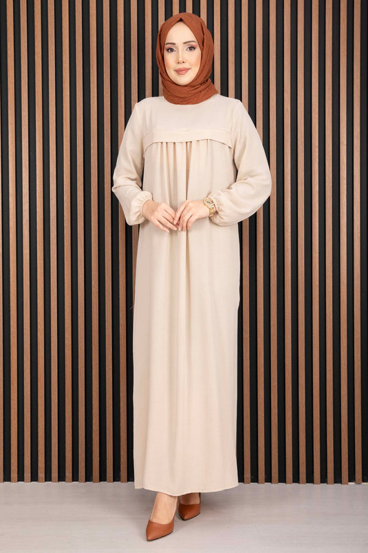 Sare Roba Detaylı Tesettür Elbise Bej