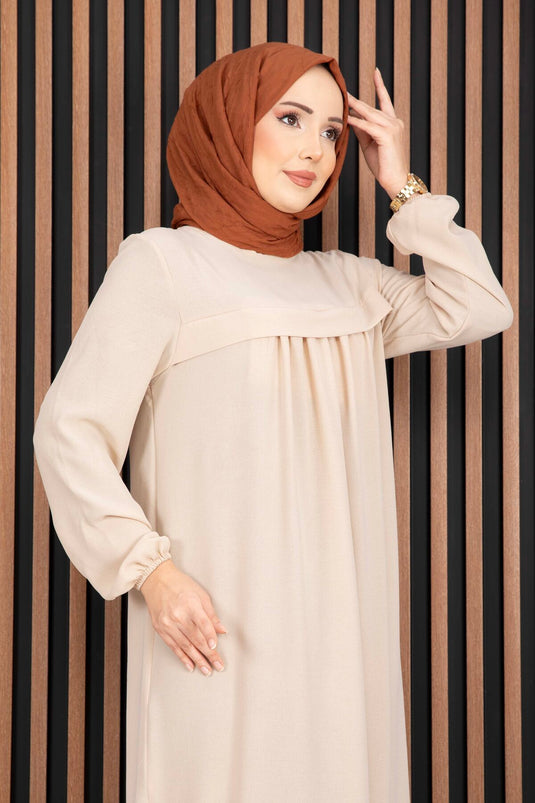 Sare Roba Detaylı Tesettür Elbise Bej