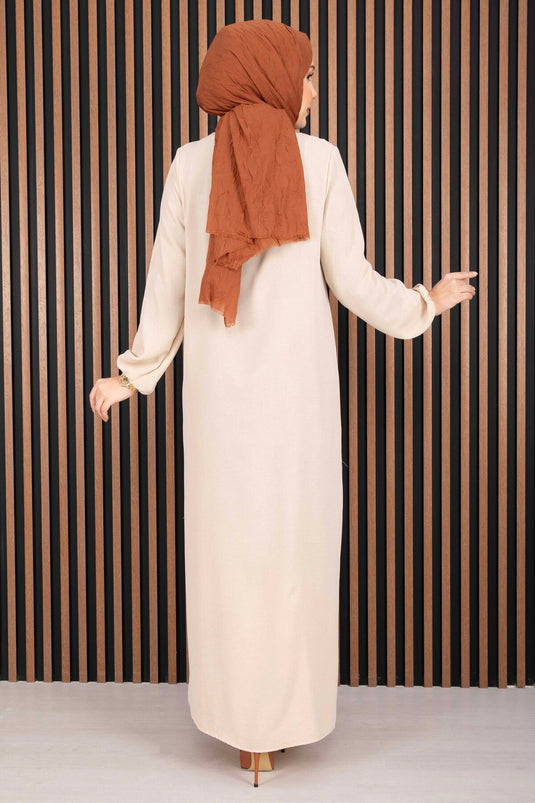 Sare Roba Detaylı Tesettür Elbise Bej