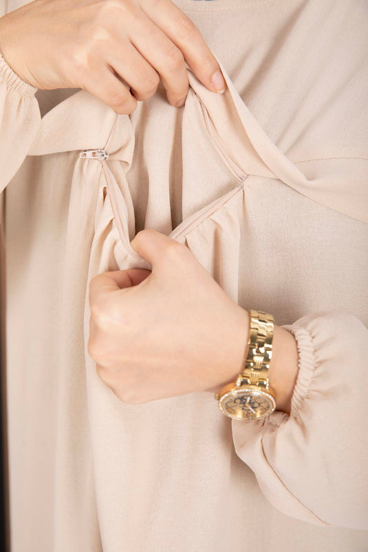 Sare Roba Detaylı Tesettür Elbise Bej