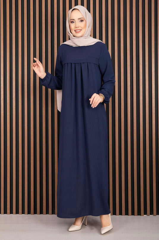 Dress with Sari Fabric Details, Modest Covering, Navy Blue
