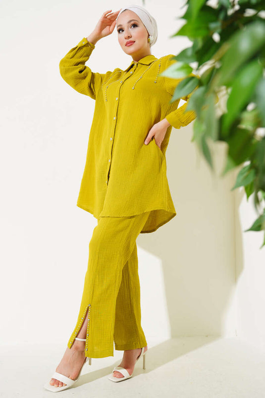 Sarkıt Taş Detaylı İkili Takım Yağ Yeşili