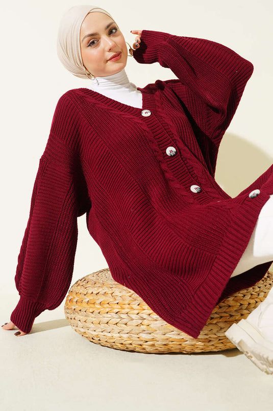 Sarmal Desen Detaylı Triko Hırka Bordo