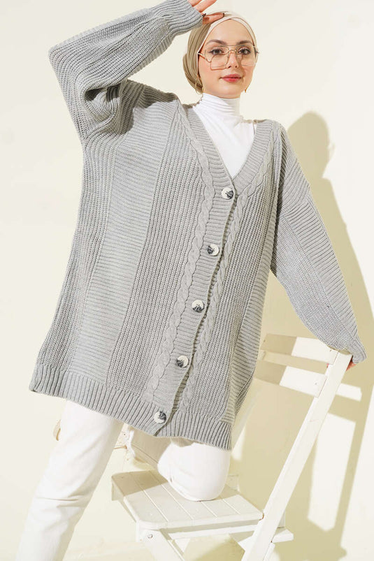 Sarmal Desen Detaylı Triko Hırka Gri