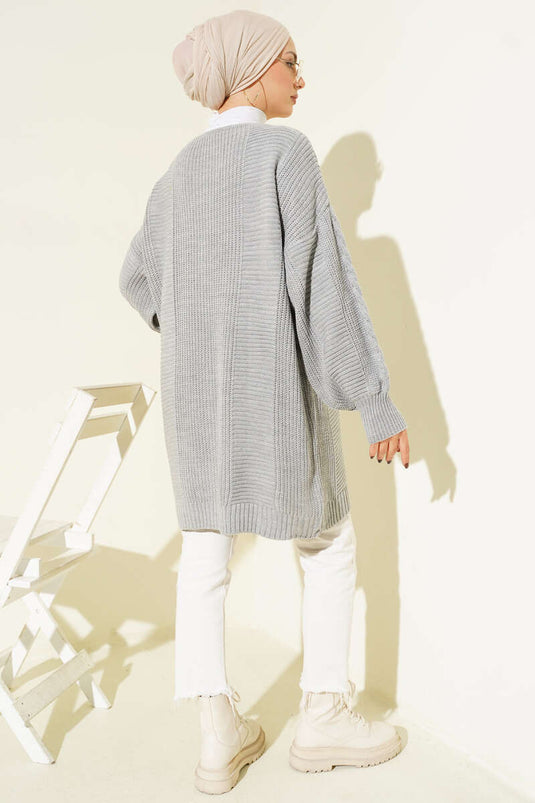 Sarmal Desen Detaylı Triko Hırka Gri