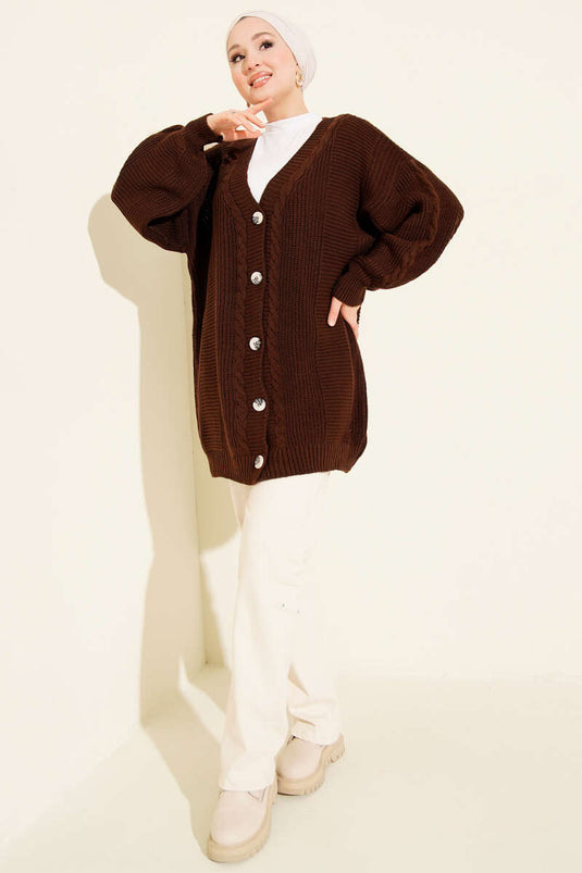 Sarmal Desen Detaylı Triko Hırka Kahve