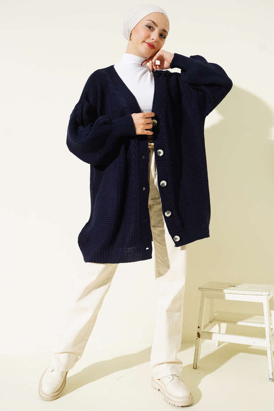 Spiral Pattern Detail Knitted Cardigan Navy Blue