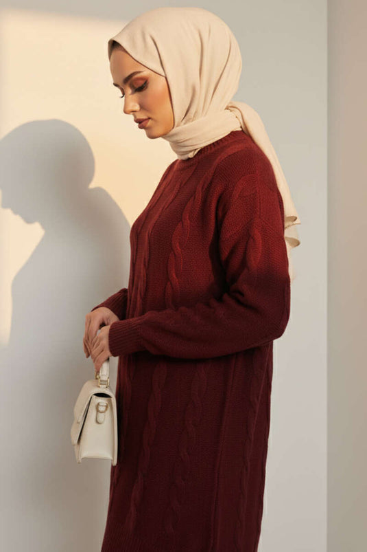 Sarmal Kabartmalı Yumoş Triko Tunik Bordo