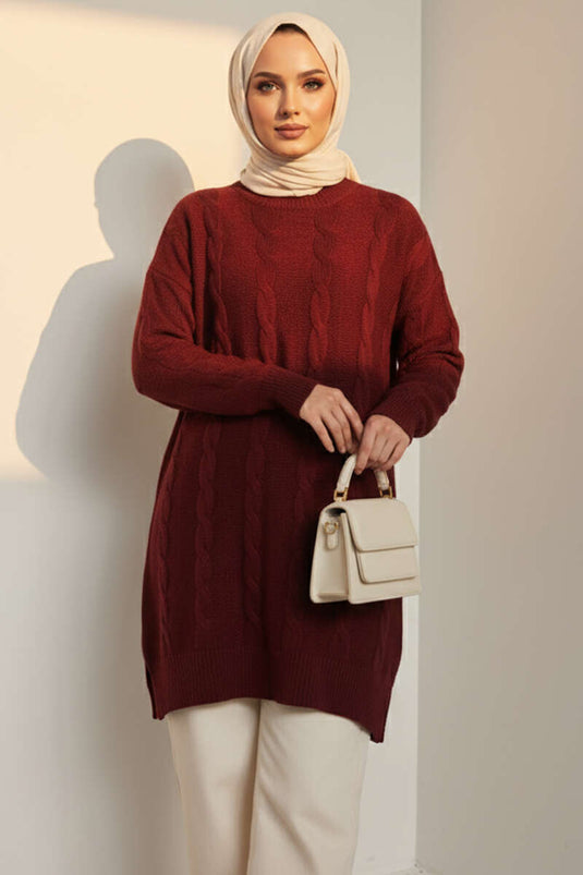 Sarmal Kabartmalı Yumoş Triko Tunik Bordo