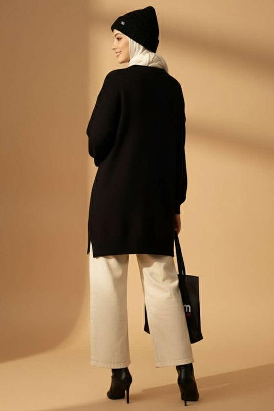 Sarmal Kabartmalı Yumoş Triko Tunik Siyah