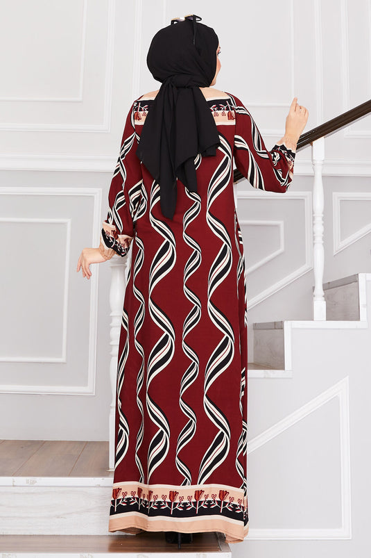 Sarmaşık Desenli Tesettür Elbise Bordo