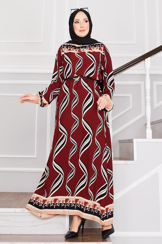 Sarmaşık Desenli Tesettür Elbise Bordo