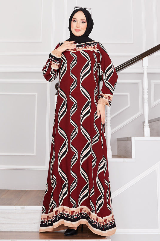 Sarmaşık Desenli Tesettür Elbise Bordo