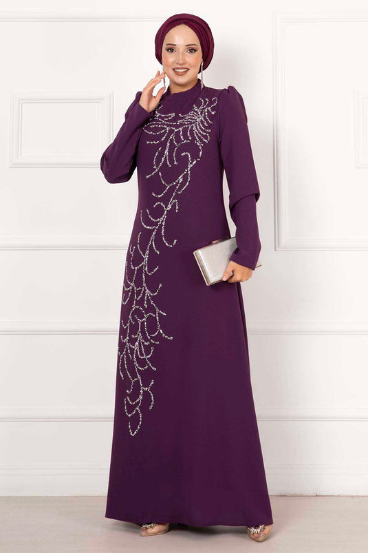Climbing Stone Design Crepe Evening Dress Purple