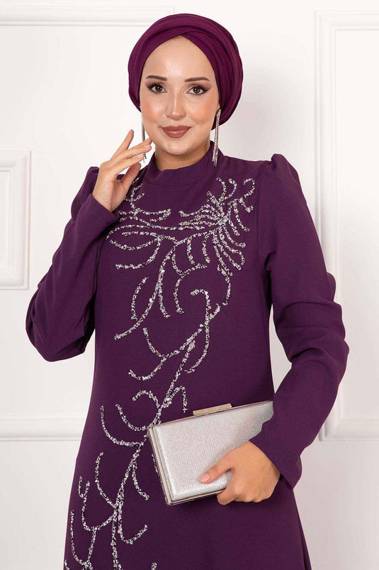 Climbing Stone Design Crepe Evening Dress Purple