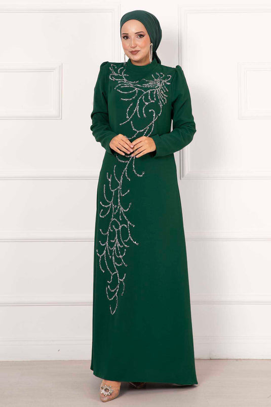 Climbing Stone Design Crepe Evening Dress Emerald