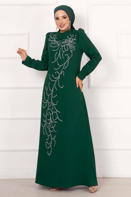 Climbing Stone Design Crepe Evening Dress Emerald