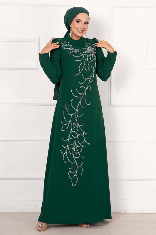 Climbing Stone Design Crepe Evening Dress Emerald