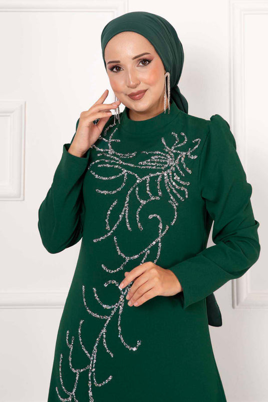 Climbing Stone Design Crepe Evening Dress Emerald