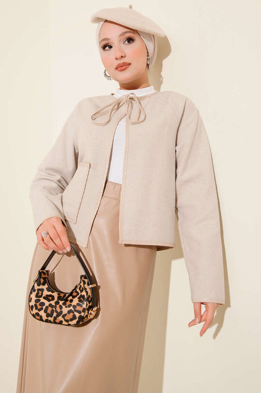 Leather Piping Cachet Short Jacket Beige