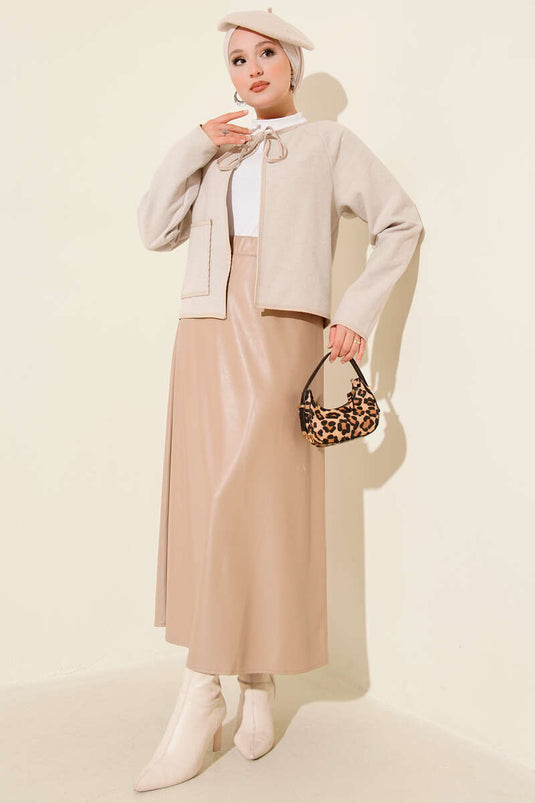 Leather Piping Cachet Short Jacket Beige