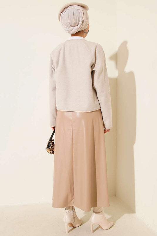 Leather Piping Cachet Short Jacket Beige