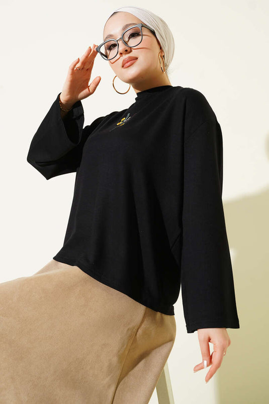 Flower Embroidered Blouse Black