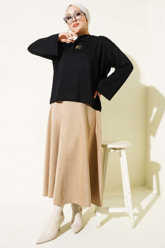 Flower Embroidered Blouse Black