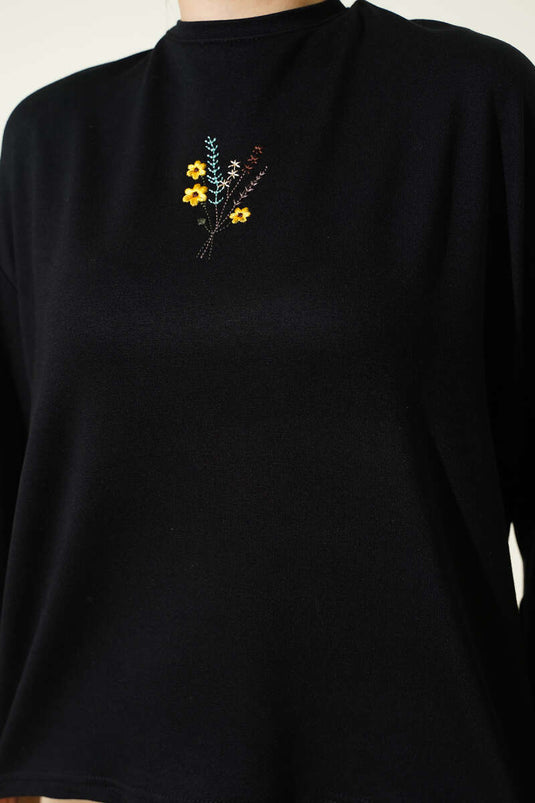Flower Embroidered Blouse Black