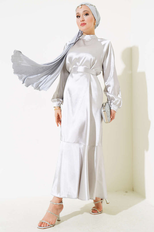 Saten Bel Kuşaklı Elbise Gri