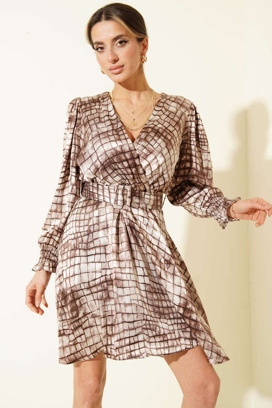 Saten Beli Kemerli Elbise Bej