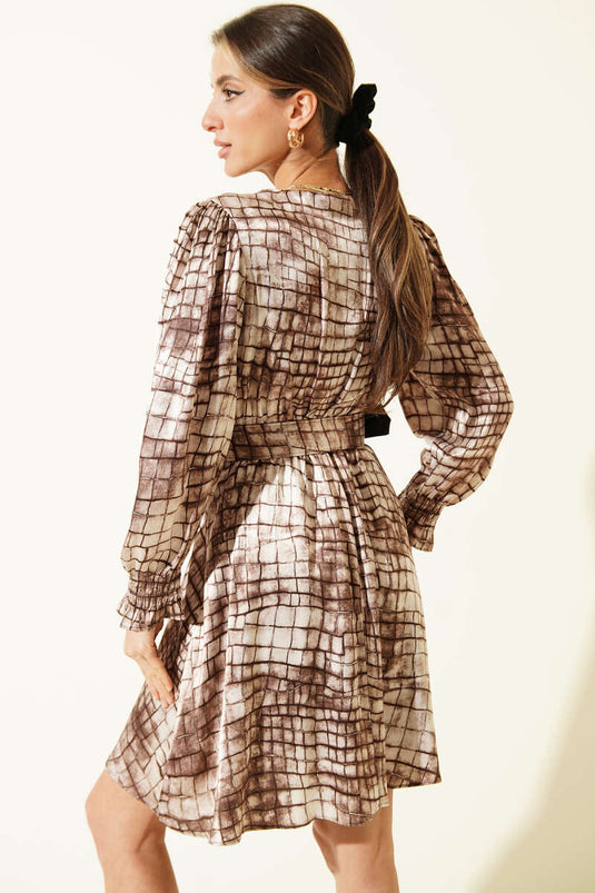 Saten Beli Kemerli Elbise Bej