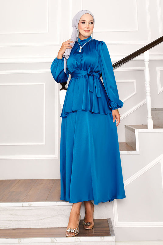 Satin Skirted Two-Piece Hijab Suit Blue