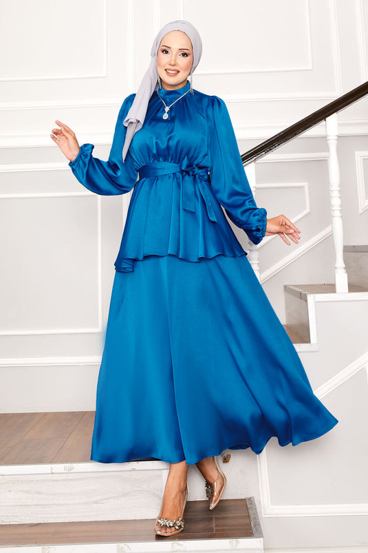 Satin Skirted Two-Piece Hijab Suit Blue