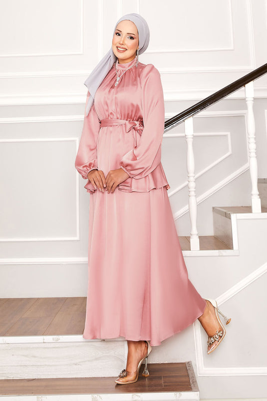 Satin Skirted Two-Piece Hijab Suit Powder