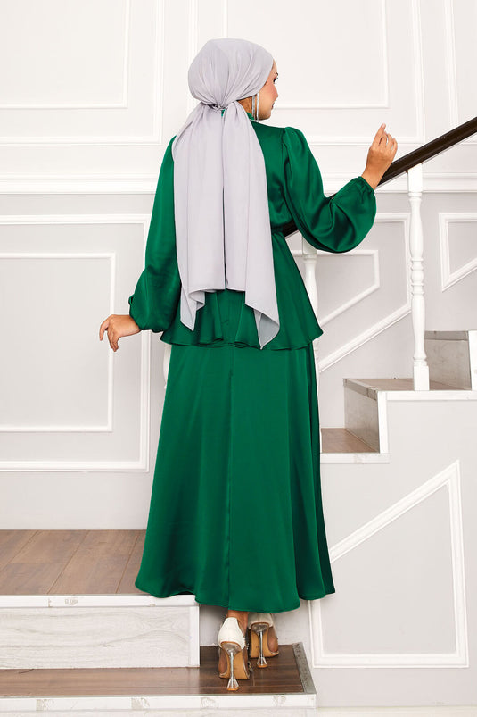 Satin Skirted Two-Piece Hijab Suit Emerald