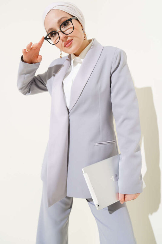 Satin Trimmed Jacket Two-Piece Set Gray