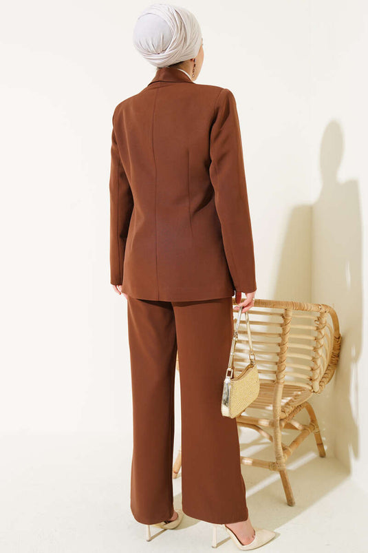 Satin Trimmed Jacket Two-Piece Set Coffee