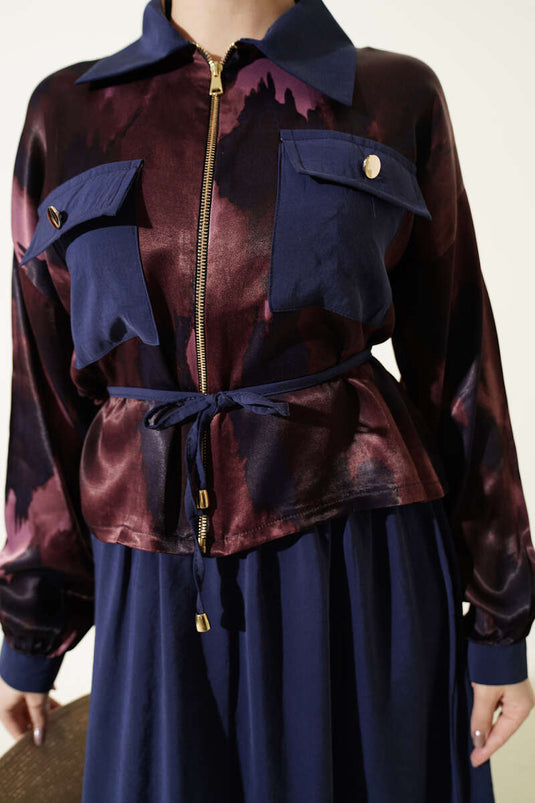 Satin Blouse and Skirt Set with Chest Pocket Burgundy Navy