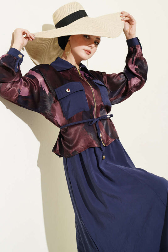 Satin Blouse and Skirt Set with Chest Pocket Burgundy Navy