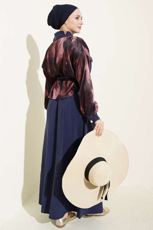 Satin Blouse and Skirt Set with Chest Pocket Burgundy Navy