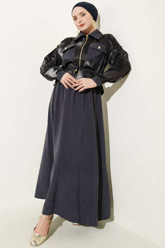 Satin Blouse and Skirt Set with Chest Pocket, Smoke Gray
