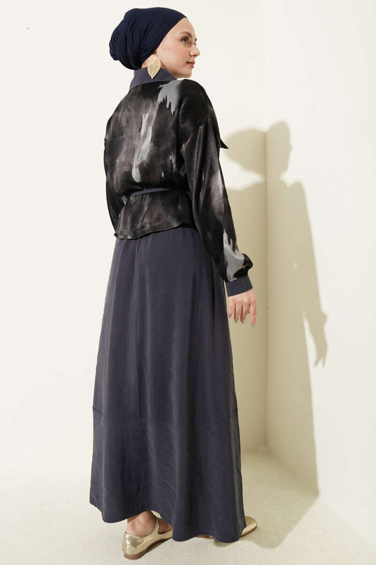 Satin Blouse and Skirt Set with Chest Pocket, Smoke Gray